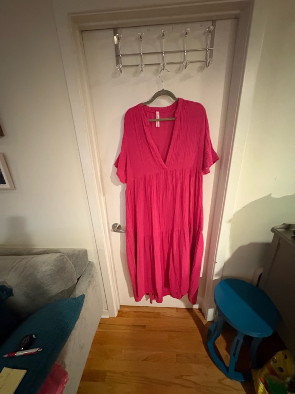 Anthropologie Hot Pink V-Neck Tiered Midi Dress
